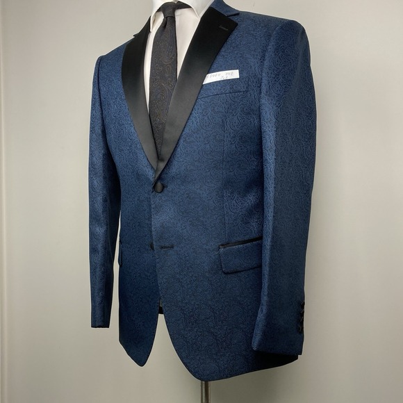 Jos A Bank Men's 44R Formal Dinner Jacket Blue Paisley Blazer Tuxedo Sport Coat - Picture 11 of 15